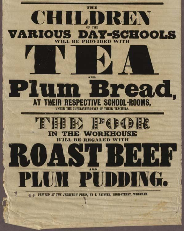 Ein Blatt Papier mit Text, auf dem steht, dass Kinder aus verschiedenen Tagesschulen Tee, Pflaumenbrot, Roastbeef und Pflaumenpudding erhalten werden.