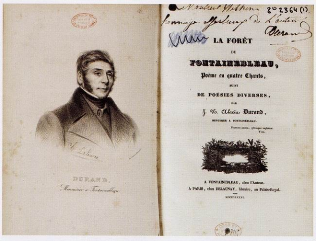 Einband eines alten Buches mit dem Titel "La Foret de Fontainebleau", das ein Porträt von Jean-Pierre Durand, einem französischen Dichter und Hofdichter, zeigt.
