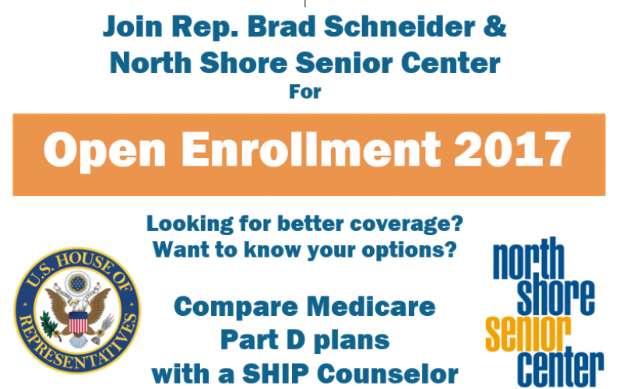 Ein Plakat mit der Aufschrift "Treten Sie Rep. Brad Schneider & North Shore Senior Center bei Open Enrollment 2017" und einem Logo.