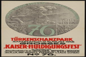 Plakat zum 70. Jahrestag des Kaiser-Huldigungsfestes in Berlin, Deutschland, mit einer Gruppe von Menschen, umgeben von Text und Zahlen in einem gerahmten, klassischen Design.