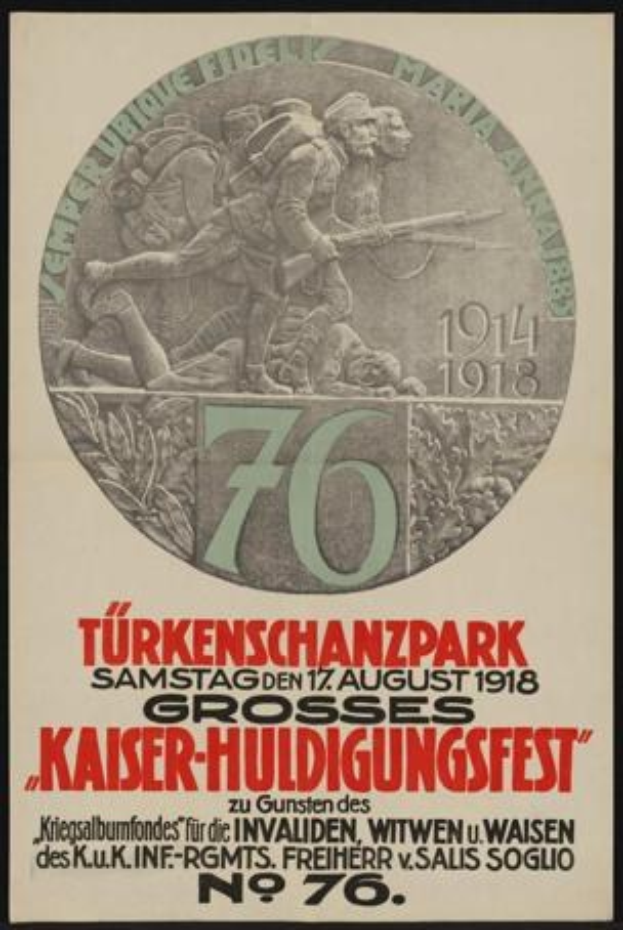 Plakat zum 70. Jahrestag des Kaiser-Huldigungsfestes in Berlin, Deutschland, mit einer Gruppe von Menschen, umgeben von Text und Zahlen in einem gerahmten, klassischen Design.