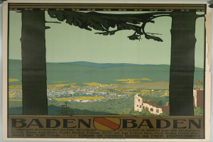 Plakat an einer Gebäudewand in Baden-Württemberg, Deutschland, das eine Landschaft mit grünen Hügeln, Bäumen und einem blauen Himmel zeigt, auf dem der Text 'Baden Baden' steht.