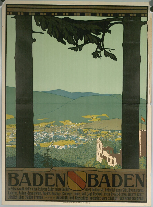 Plakat an einer Gebäudewand in Baden-Württemberg, Deutschland, das eine Landschaft mit grünen Hügeln, Bäumen und einem blauen Himmel zeigt, auf dem der Text 'Baden Baden' steht.