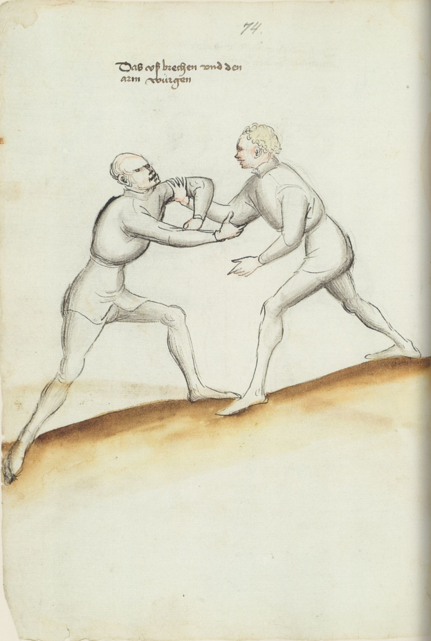 Zwei Männer kämpfen, wobei einer einen Schlag auf den anderen wirft, der auf einem Papier mit Text steht, der die Szene beschreibt.