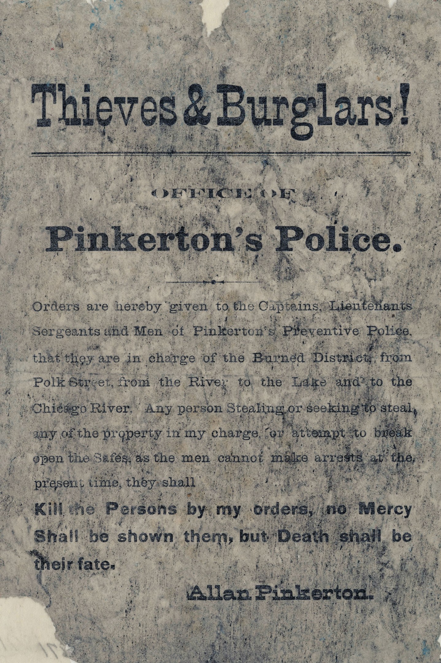 Plakat mit fetter schwarzer Schrift "Diebe & Einbrecher Pinkerton's Police" mittig auf einem weißen Hintergrund gerahmt von einem schmalen schwarzen Rand.