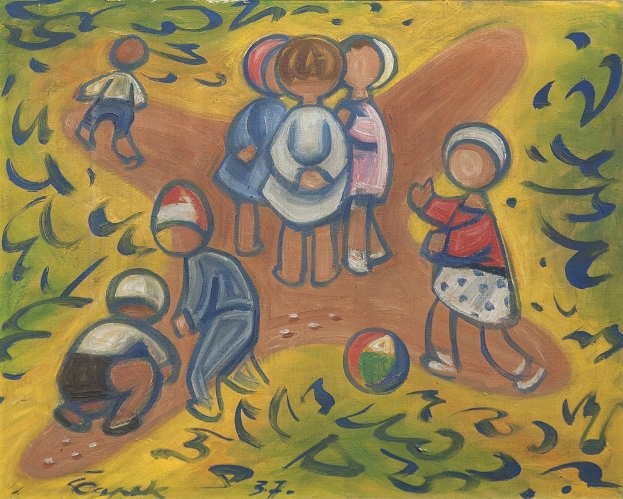 Malen auf einer Tafel, die Kinder beim Spielen mit einem Ball in einem hellen, fröhlichen Feld zeigt, mit etwas Text sichtbar.