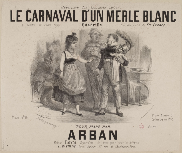 Ein Blatt Papier mit einer Zeichnung eines Mannes und einer Frau in traditioneller Kleidung vor einem festlichen Karneval, betitelt mit "le carnaval d'un merle blanc."
