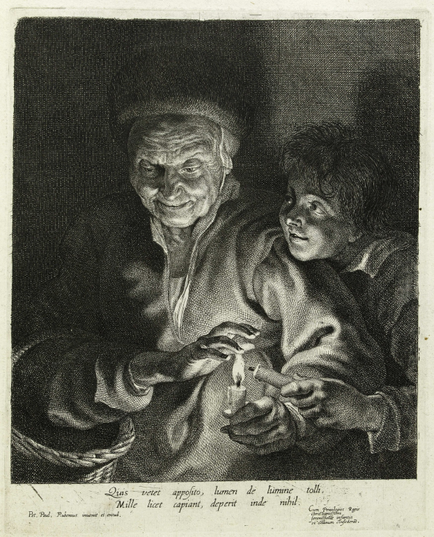 Schwarzes und weißes Foto eines alten Mannes und eines jungen Jungen mit einer brennenden Kerze, mit Text unten.