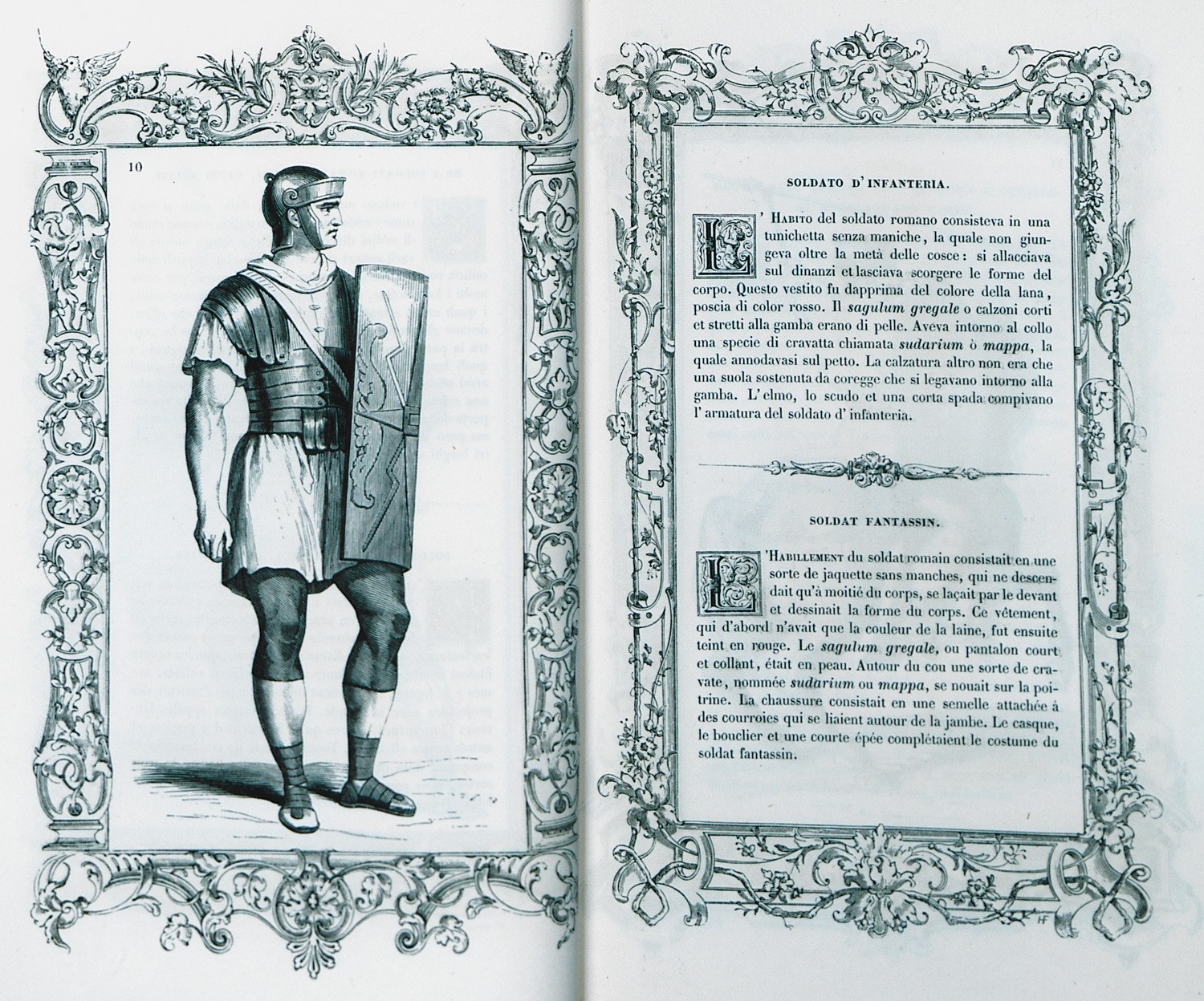 Offene Buchseite mit einer Zeichnung eines römischen Soldaten in einem Helm, der einen Schild hält, begleitet von erklärendem Text.