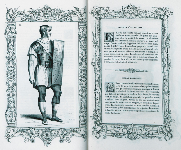 Offene Buchseite mit einer Zeichnung eines römischen Soldaten in einem Helm, der einen Schild hält, begleitet von erklärendem Text.