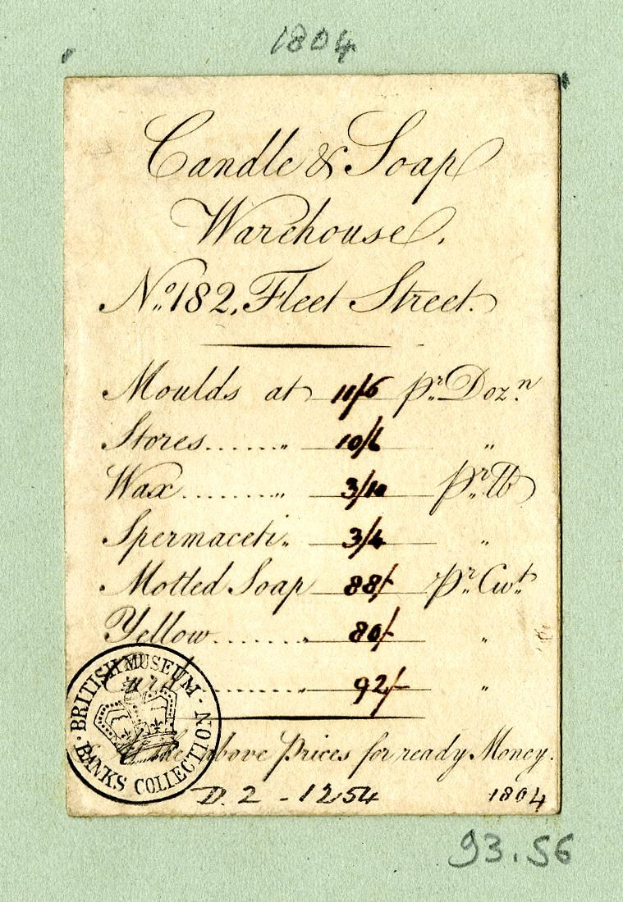 Papier mit einem "Kerzen & Seifen-Warehouse"-Stempel, das wie ein Beleg mit zusätzlichem Text aussieht.