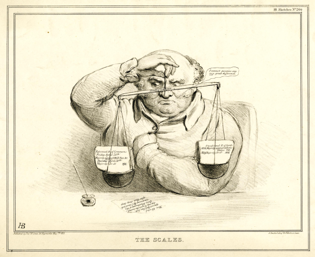 Ein Mann in einem Anzug sitzt an einem Tisch mit einer Waage der Gerechtigkeit, der entschlossen aussieht, mit einem Blatt Papier mit Wörtern und Zahlen davor.