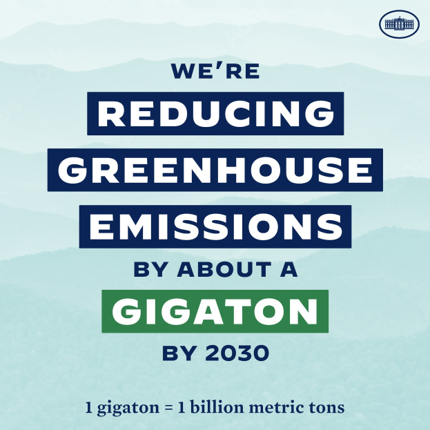 Plakat mit Text und Logo, das "Wir reduzieren die Treibhausgasemissionen um etwa eine Gigatonne bis 2030", für eine signifikante Emissionsreduktion bis 2030 wirbt.
