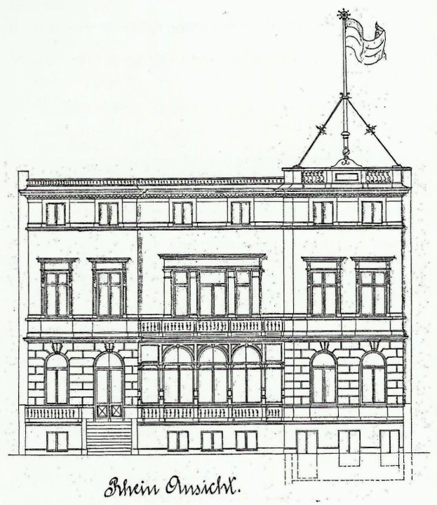 Eine Zeichnung eines mehrstöckigen Gebäudes mit einer Flagge auf dem Dach, das mehrere Fenster und eine Treppe zur Eingangstür hat, mit Text unten.