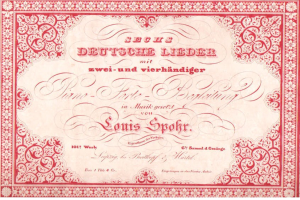 Altes deutsches Wertpapier mit der Aufschrift "Louis Spohr - Zweites Deutsches Lieder" mit rotem Rand und weißem Hintergrund.