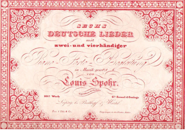 Altes deutsches Wertpapier mit der Aufschrift "Louis Spohr - Zweites Deutsches Lieder" mit rotem Rand und weißem Hintergrund.