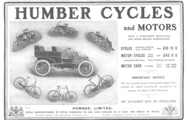 Eine Werbung für Humber Cycles and Motors, die verschiedene Fahrzeuge und Fahrräder mit beschreibendem Text zeigt.