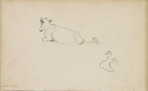 Eine Zeichnung einer entspannten Kuh mit ihrem Kopf auf den Vorderbeinen ruhend und ein Huhn auf ihrem Rücken sitzend, das nach oben schaut, auf einem hellen cremefarbenen Stück Papier.