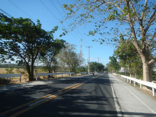 Ein Auto fährt auf einer von Bäumen gesäumten Straße mit Geländern, Strommästen, einem Turm und einem klaren blauen Himmel im Hintergrund.