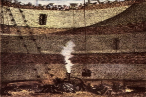 Eine Zeichnung, die die brennende Tower of London zeigt, umgeben von Menschen, Seilen und anderen Gegenständen, mit der Bildunterschrift "Die Verbrennung der Tower of London" darunter.