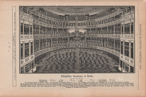 Schwarz-weiß-Illustration einer alten Buchseite mit einer detaillierten Zeichnung eines großen, leeren Auditoriums in Berlin, Deutschland, mit Sitzreihen und gedrucktem Text.