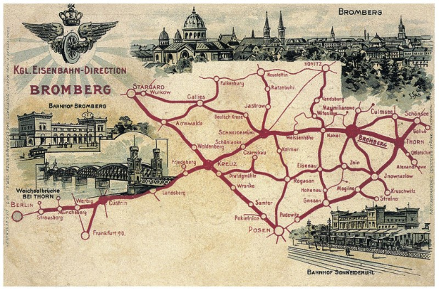 Detailierte Posterkarte von Bromberg, Deutschland, mit Straßen, Sehenswürdigkeiten, Gebäuden, Bäumen, einer Brücke und informativen Texten zur Geschichte, Kultur und Attraktionen der Stadt.