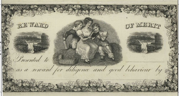 Verdiensturkunde mit einer Illustration eines Mannes und einer Frau auf einer Bank in einer idyllischen Outdoor-Umgebung mit einem Korb, Pflanzen, Bäumen und Wasser sowie gedrucktem Text.