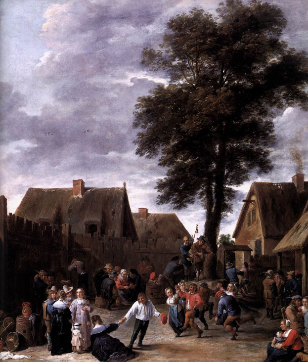 Gemälde mit dem Titel 'Der Tanz im Dorf' von Jan Brueghel dem Jüngeren, das einen Dorfplatz mit Menschen, Häusern, Bäumen, einem hölzernen Zaun, einer bewölkten Himmel und fliegenden Vögeln zeigt.