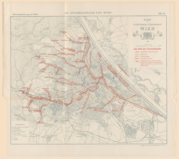Alte Karte von Wien, Deutschland, mit roten Linien, die eine Zugstrecke markieren, auf Papier gedruckt.