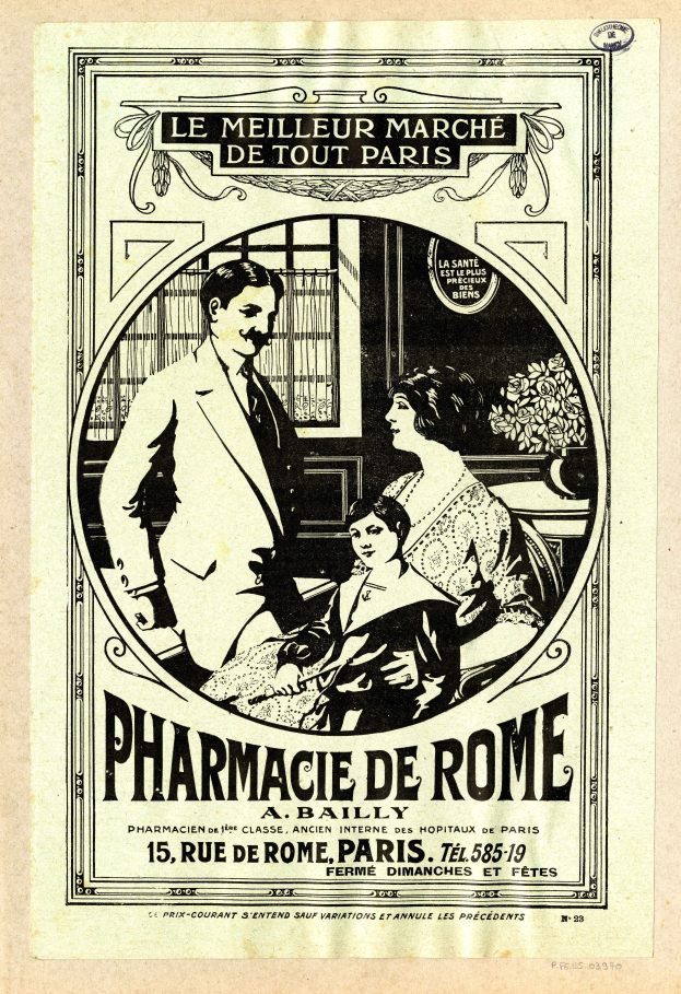 Eine alte Werbung für eine Apotheke in Rom, die einen Mann und eine Frau zeigt, die nebeneinander stehen und Text beschreiben, der die Apotheke und ihre Dienstleistungen beschreibt.