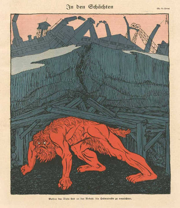 Illustration eines bedrohlichen Werwolfs in Kampfstellung vor einem rauchgeschwängerten Fabrikgelände unter einem tiefblauen Himmel, mit einem Plakat im Vordergrund, das das Bild des Werwolfs und fetten Text zeigt.
