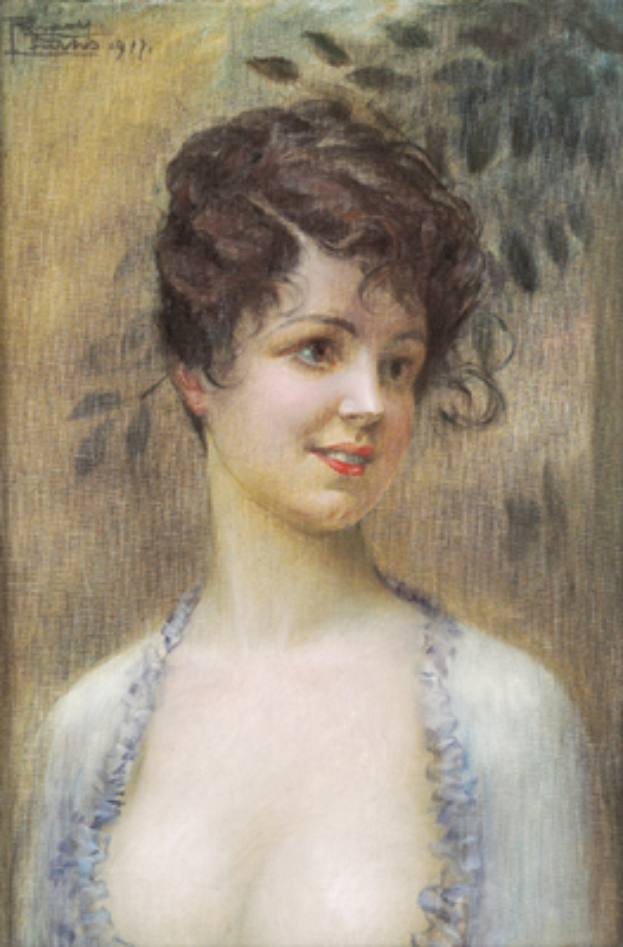 Ein Gemälde einer Frau mit warmem Lächeln, funkelnden Augen und einem hellen Kleid mit einem gemusterten Schultertuch.