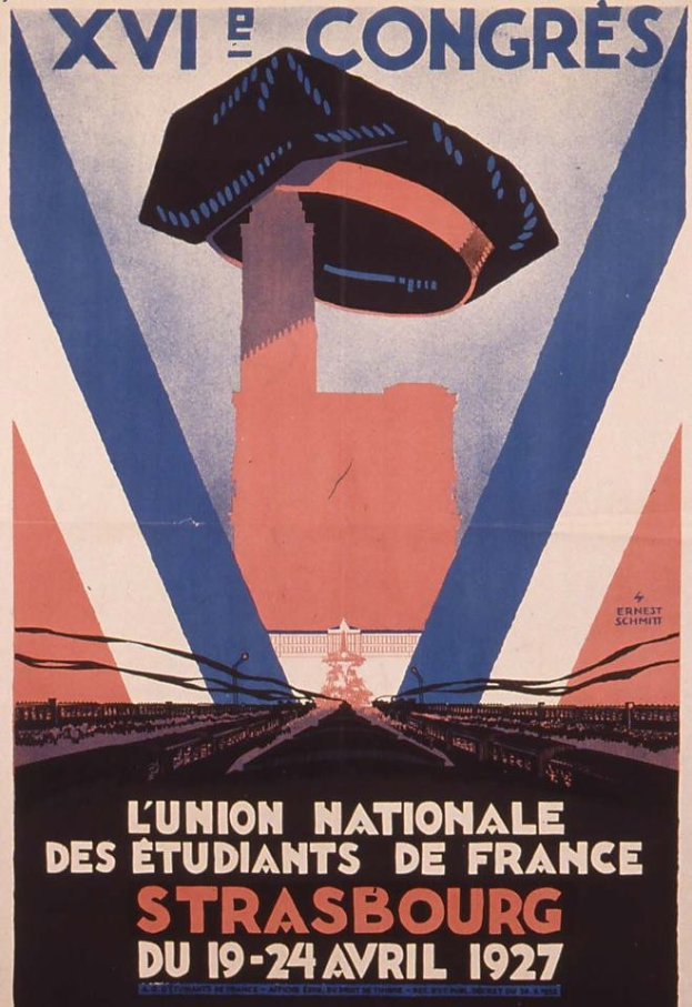 Plakat aus dem Jahr 1927, das die Union Nationale des Étudiants de France Strasbourg bewirbt und ein Gebäude mit Text zeigt.