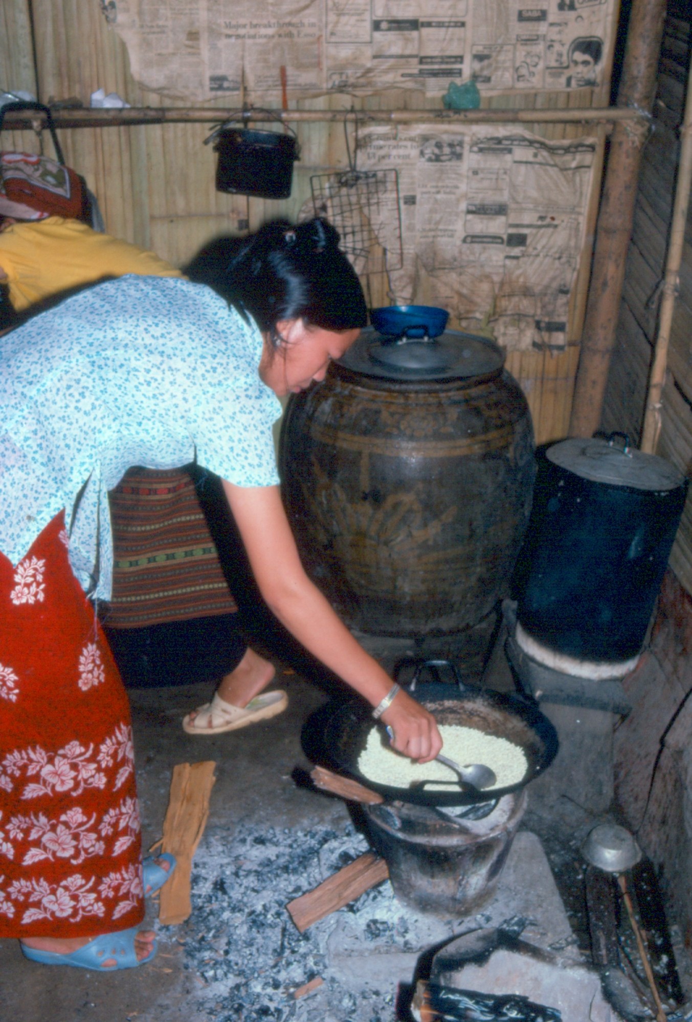Eine Frau in einer Küche rührt Essen in einem Topf auf einem Herd um, während sie eine Schüssel und einen Löffel hält, mit sichtbaren Flammen davor.