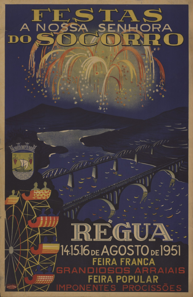 Buntes Festivalplakat in Brasilien mit Brücke, Wasser, Hügeln und Feuerwerk, mit Text über das Ereignis.
