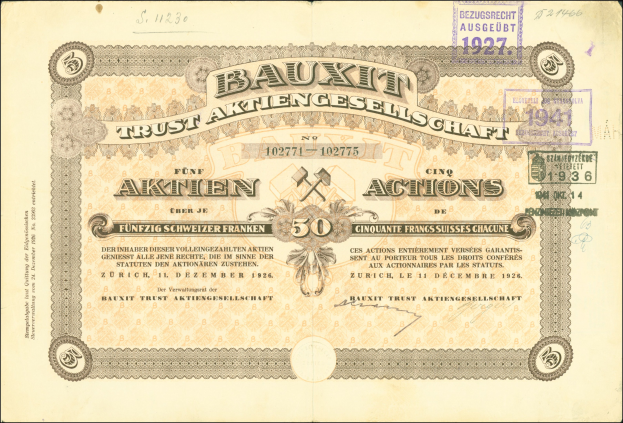 Alte deutsche Banknote mit schwarzem Hintergrund, Porträt eines Mannes, Text "Bauxit Trust Aktiengesellschaft" und Stempel auf der rechten Seite.