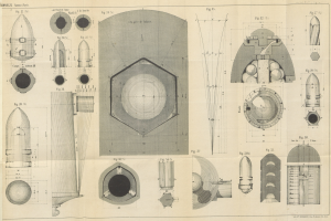 Eine Seite aus einem Buch mit detaillierten Zeichnungen verschiedener Raketen neben begleitendem Text.