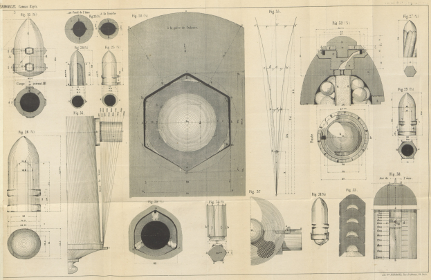 Eine Seite aus einem Buch mit detaillierten Zeichnungen verschiedener Raketen neben begleitendem Text.