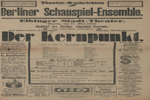 Eine alte Zeitungsanzeige für das Berliner Schauspiel-Ensemble, die einen Mann in Anzug und Krawatte zeigt.