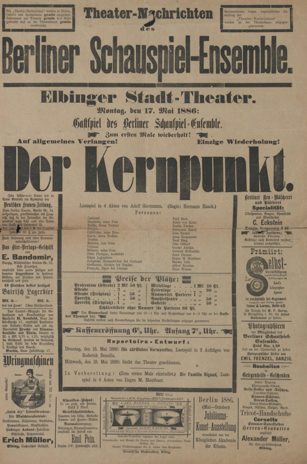 Eine alte Zeitungsanzeige für das Berliner Schauspiel-Ensemble, die einen Mann in Anzug und Krawatte zeigt.
