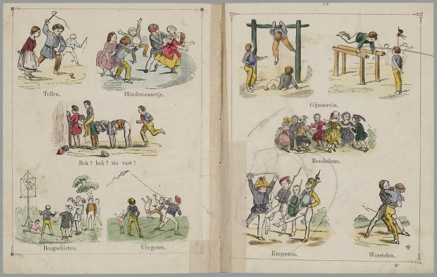 Offenes Buch mit illustrierten Szenen von Menschen, die laufen, springen und Ballspiele spielen, jeweils mit begleitendem Text.