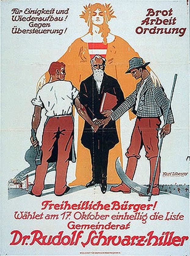 Deutsches Propagandaplakat für Dr. Rudolf Schwarzhillers "Freiheitliche Bürger", das eine Gruppe von Menschen zeigt, die zusammenstehen und einer Person in der Mitte ein Buch halten, sowie Text, der weitere Informationen zum Film enthält.