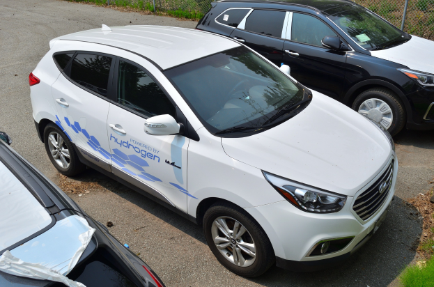 Drei wasserstoffbetriebene Autos nebeneinander auf einem Parkplatz mit Maschendrahtzaun und Gras im Hintergrund.