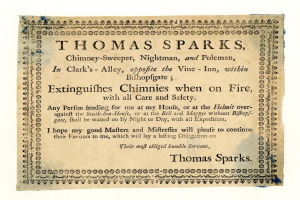 Anzeige für Thomas Sparks, einen Kaminfeger, Nachtmann und Pfahlmann, der Feuerlöschdienste in Clark's Alley in der Nähe von Bishopsgate anbietet.