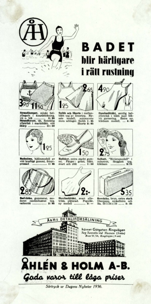 Frau in einem weißen Bikini mit blauen und weißen Streifen, die eine Pferdeschwanzfrisur trägt und direkt in die Kamera schaut, umgeben von Bildern von Menschen, Gebäuden und fetter Schrift.