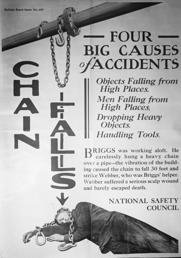 Schwarz-weißes Plakat mit der Aufschrift "Vier große Unfallursachen" zeigt ein Bild einer Person auf einem Pfahl liegend mit daran befestigten Ketten.