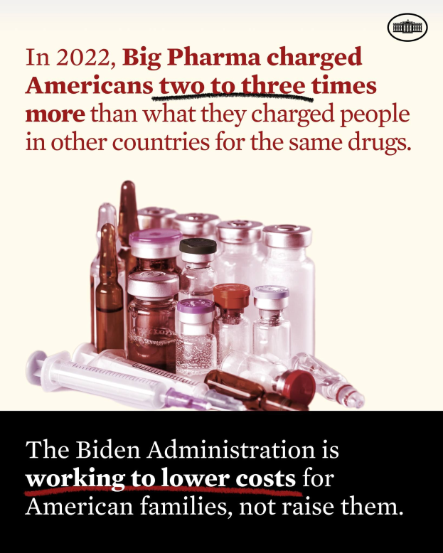 Ein Plakat, auf dem steht, dass Big Pharma 2022 Amerikaner zwei bis drei Mal so viel für dieselben Medikamente berechnet hat wie andere Länder, mit Bildern von Medikamentenflaschen und einer Spritze darunter.
