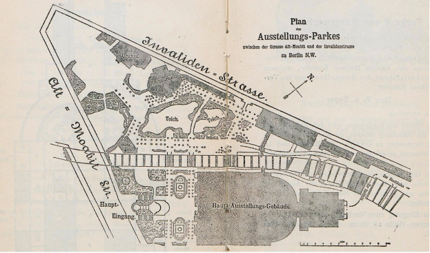Alte Karte von Berlin, Deutschland, mit einem detaillierten Plan des Ausstellungs-Parkes in der Mitte, auf Papier gedruckt mit begleitendem Text.