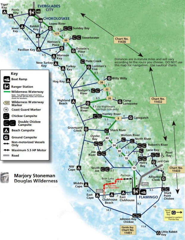 Poster-Karte der Marjory Stoneman Douglas Wildnis mit Wanderweg-Richtungsangaben und Details.