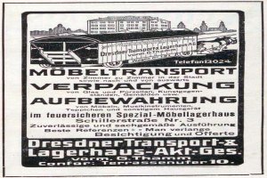 Eine Anzeige mit einem Zug, Gebäuden im Hintergrund und dem Text "Dresdner Transport & Lagerhaus-Akt-Ges."